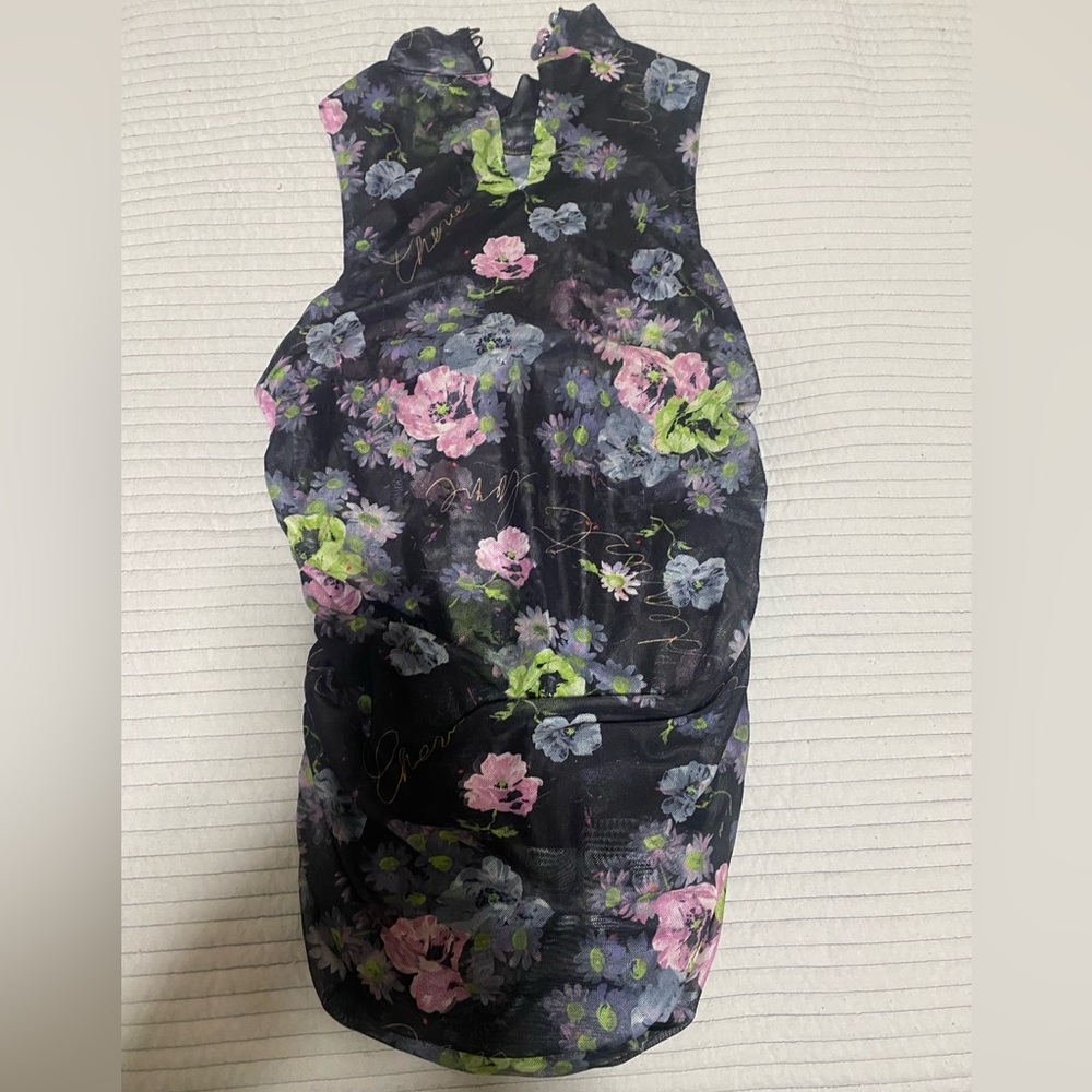 Cinq à Sept Designer Black Purple Green Floral Mesh Sleeveless Blouse Size Small
